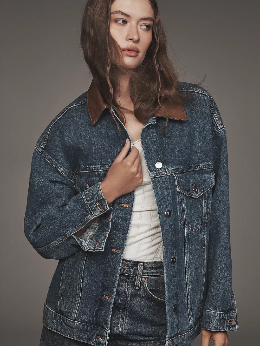 Weston Leather-Collar Denim Boyfriend Jacket by Pilcro